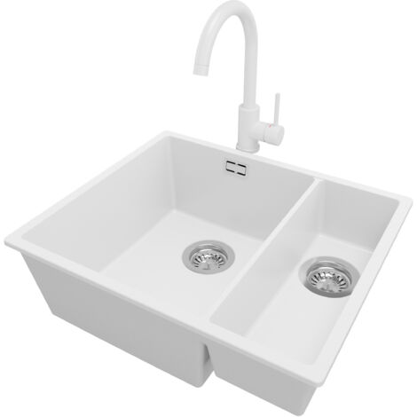 PRIMAGRAN Evier Sous Plan 56x47cm, Evier en Granit 1,5 bacs + Robinet 32x20cm + Kit de Vidage, Évier au meuble 60cm - London Duo, Blanc