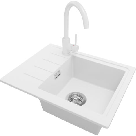 PRIMAGRAN Evier Cuisine en Granit 55x44cm, Lavabo 1 bac + Robinet 32x20cm + Kit de Vidage, Évier à Encastrer au meuble 45cm - Copenhague Easy, Blanc