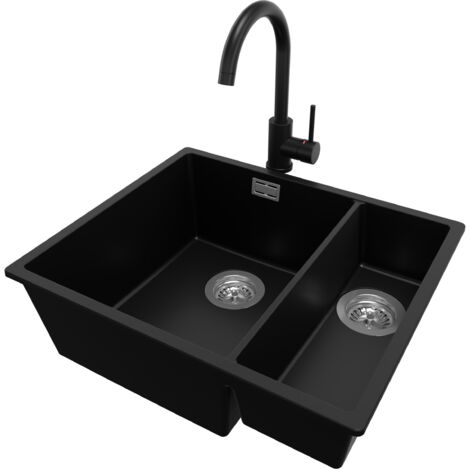 PRIMAGRAN Evier Sous Plan 56x47cm, Evier en Granit 1,5 bacs + Robinet 32x20cm + Kit de Vidage, Évier au meuble 60cm - London Duo, Noir