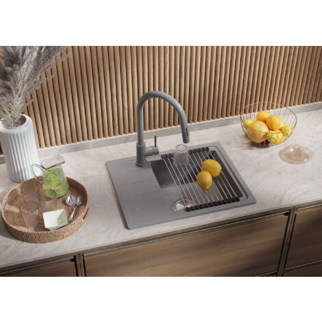 PRIMAGRAN Evier Cuisine en Granit 55x44cm, Lavabo 1 bac + Kit de Vidage, Évier à Encastrer au meuble 45cm - Copenhague Easy, Gris