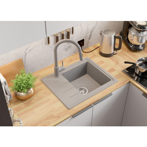 PRIMAGRAN Evier Cuisine en Granit 55x44cm, Lavabo 1 bac + Kit de Vidage, Évier à Encastrer au meuble 45cm - Copenhague Easy, Gris
