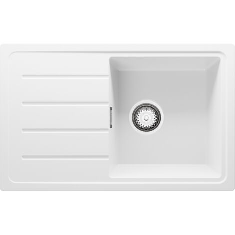 PRIMAGRAN Evier Cuisine en Granit 70x44cm, Lavabo 1 bac + Kit de Vidage, Évier à Encastrer au meuble 45cm - Copenhague Easy, Blanc