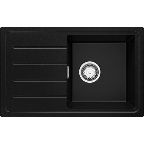 PRIMAGRAN Evier Cuisine en Granit 70x44cm, Lavabo 1 bac + Kit de Vidage, Évier à Encastrer au meuble 45cm - Copenhague Easy, Noir