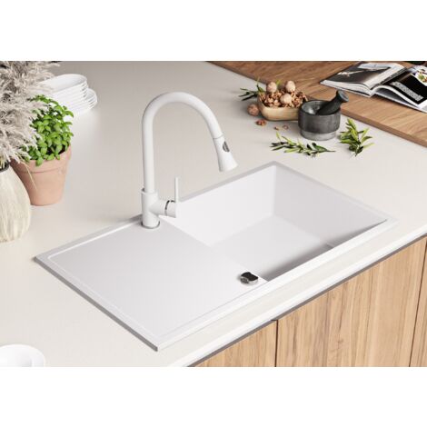 Evier Cuisine 90 x 50 cm, Evier en Granit 1 bac XL + Kit de Vidage, Evier a Encastrer de Primagran, Blanc