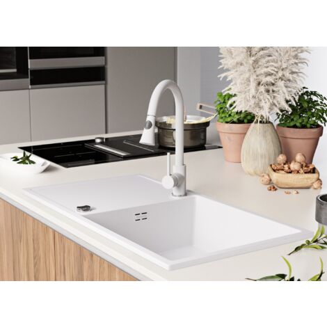 Evier Cuisine 90 x 50 cm, Evier en Granit 1 bac XL + Kit de Vidage, Evier a Encastrer de Primagran, Blanc