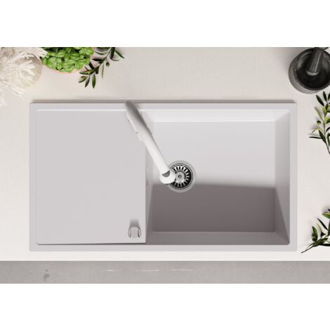 Evier Cuisine 90 x 50 cm, Evier en Granit 1 bac XL + Kit de Vidage, Evier a Encastrer de Primagran, Blanc