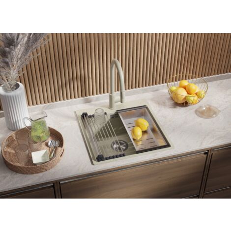 Evier Cuisine en Granit 48 x 50 cm Lavabo 1 bac + Siphon Classique, Évier à Encastrer de Primagran, Beige