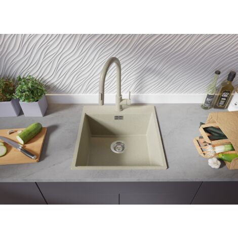 Evier Cuisine en Granit 48 x 50 cm Lavabo 1 bac + Siphon Classique, Évier à Encastrer de Primagran, Beige
