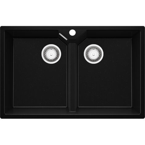 PRIMAGRAN Evier Cuisine en Granit 78x50cm, Lavabo 2 bacs + Kit de Vidage, Évier à Encastrer au meuble 80cm - Madrid Twin, Noir Métallisé