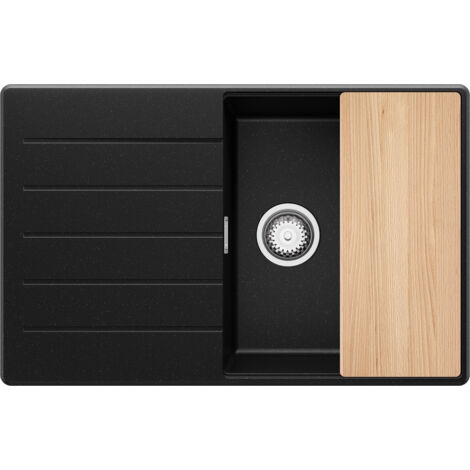 PRIMAGRAN Evier Cuisine en Granit 78x50cm, Lavabo 1 bac + Kit de Vidage + Planche à Découper, Évier à Encastrer au meuble 50cm - Copenhague, Noir Métallisé