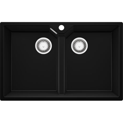 PRIMAGRAN Evier Cuisine en Granit 78x50cm, Lavabo 2 bacs + Kit de Vidage, Évier à Encastrer au meuble 80cm - Madrid Twin, Noir