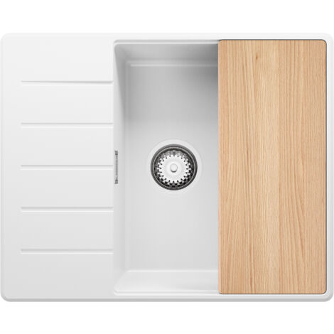 PRIMAGRAN Evier Cuisine en Granit 62x50cm, Lavabo 1 bac + Kit de Vidage + Planche à Découper, Évier à Encastrer au meuble 50cm - Copenhague, Blanc (1/5)