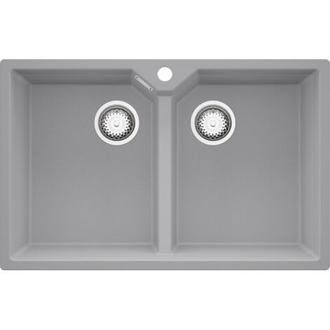PRIMAGRAN Evier Cuisine en Granit 78x50cm, Lavabo 2 bacs + Kit de Vidage, Évier à Encastrer au meuble 80cm - Madrid Twin, Gris