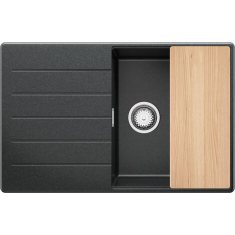 PRIMAGRAN Evier Cuisine en Granit 78x50cm, Lavabo 1 bac + Kit de Vidage + Planche à Découper, Évier à Encastrer au meuble 50cm - Copenhague, Graphite