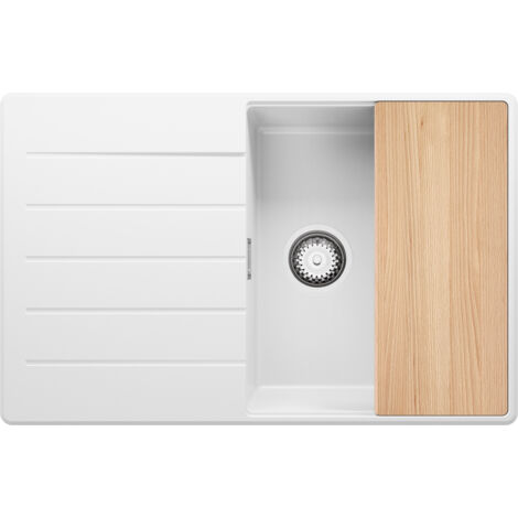 PRIMAGRAN Evier Cuisine en Granit 78x50cm, Lavabo 1 bac + Kit de Vidage + Planche à Découper, Évier à Encastrer au meuble 50cm - Copenhague, Blanc