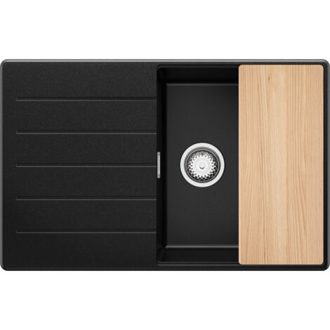 PRIMAGRAN Evier Cuisine en Granit 78x50cm, Lavabo 1 bac + Kit de Vidage + Planche à Découper, Évier à Encastrer au meuble 50cm - Copenhague, Noir