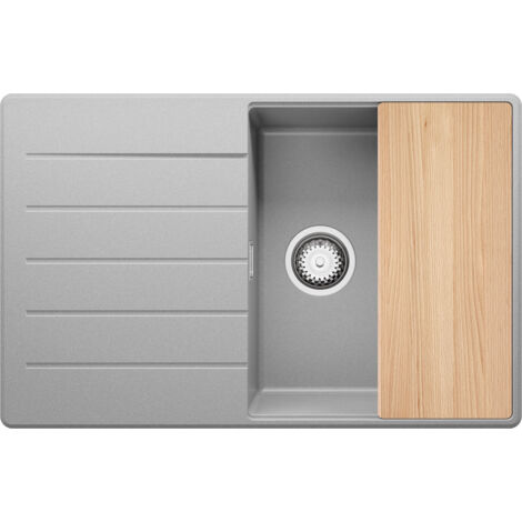 PRIMAGRAN Evier Cuisine en Granit 78x50cm, Lavabo 1 bac + Kit de Vidage + Planche à Découper, Évier à Encastrer au meuble 50cm - Copenhague, Gris