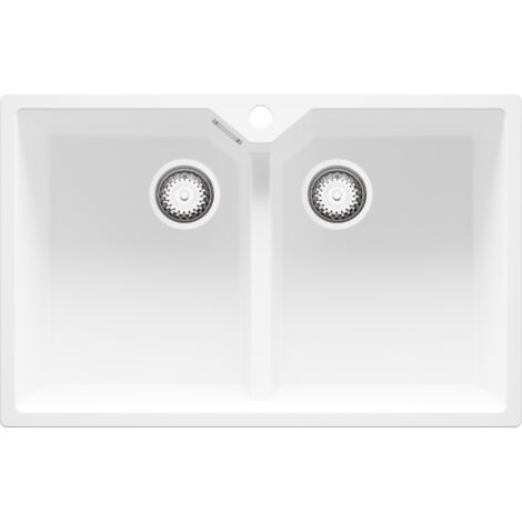 PRIMAGRAN Evier Cuisine en Granit 78x50cm, Lavabo 2 bacs + Kit de Vidage, Évier à Encastrer au meuble 80cm - Madrid Twin, Blanc