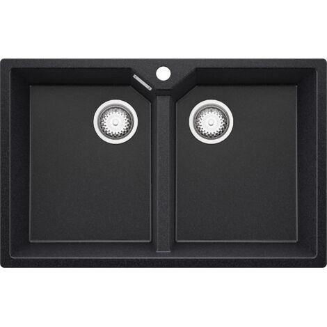 PRIMAGRAN Evier Cuisine en Granit 78x50cm, Lavabo 2 bacs + Kit de Vidage, Évier à Encastrer au meuble 80cm - Madrid Twin, Graphite