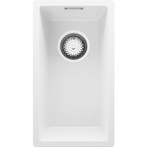 PRIMAGRAN Evier Cuisine en Granit 26x47cm, Lavabo 1 bac + Kit de Vidage, Évier à Encastrer au meuble 30cm - London Slim, Blanc (1/5)
