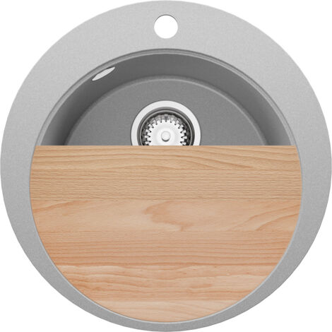 PRIMAGRAN Evier cuisine Granit Rond 50x50cm, Evier 1 bac + Kit de Vidage + Planche à Découper, Lavabo Cuisine au meuble 45cm - Pise, Gris (1/5)