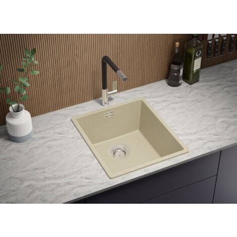 Evier Cuisine en Granit 41x47 cm Lavabo 1 bac + Siphon Classique, Évier à Encastrer de Primagran, Beige
