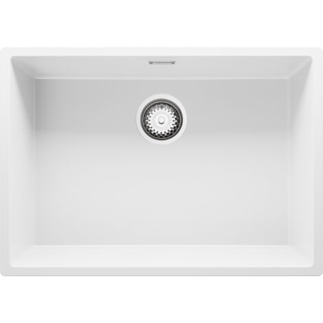 PRIMAGRAN Evier Sous Plan 66x47cm, Evier en Granit 1 bac + Kit de Vidage, Évier au meuble 70cm - London, Blanc (1/5)