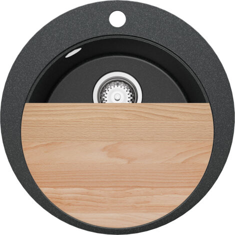PRIMAGRAN Evier cuisine Granit Rond 50x50cm, Evier 1 bac + Kit de Vidage + Planche à Découper, Lavabo Cuisine au meuble 45cm - Pise, Graphite (1/5)