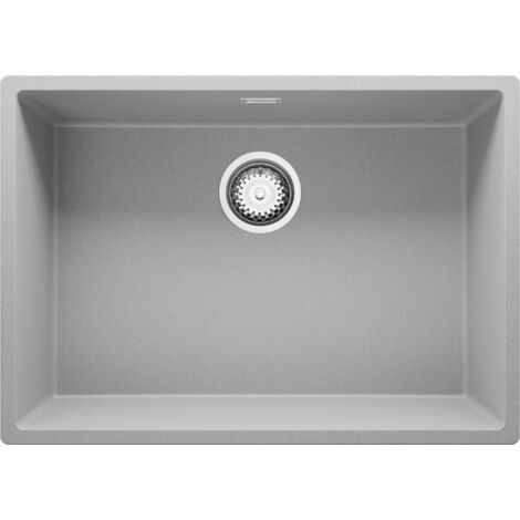 PRIMAGRAN Evier Cuisine en Granit 66x47cm, Lavabo 1 bac + Kit de Vidage, Évier à Encastrer au meuble 70cm - London Slim, Gris (1/5)