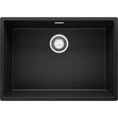 PRIMAGRAN Evier Cuisine en Granit 66x47cm, Lavabo 1 bac + Kit de Vidage, Évier à Encastrer au meuble 70cm - London Slim, Graphite (1/5)