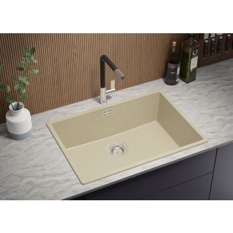 Evier Cuisine en Granit 66x47 cm Lavabo 1 bac + Siphon Classique, Évier à Encastrer de Primagran, Beige