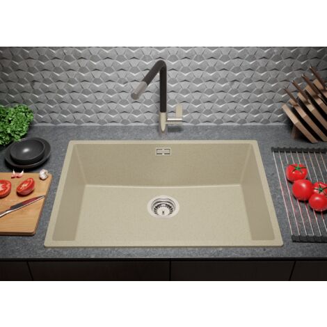 Evier Cuisine en Granit 66x47 cm Lavabo 1 bac + Siphon Classique, Évier à Encastrer de Primagran, Beige
