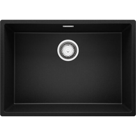 PRIMAGRAN Evier Cuisine en Granit 66x47cm, Lavabo 1 bac + Kit de Vidage, Évier à Encastrer au meuble 70cm - London Slim, Noir (1/5)
