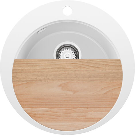PRIMAGRAN Evier cuisine Granit Rond 50x50cm, Evier 1 bac + Kit de Vidage + Planche à Découper, Lavabo Cuisine au meuble 45cm - Pise, Blanc (1/5)