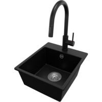 PRIMAGRAN Evier Cuisine en Granit 38x44cm, Lavabo 1 bac + Robinet 40x20cm + Kit de Vidage, Évier à Encastrer au meuble 40cm - Riga Easy, Noir