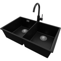 PRIMAGRAN Evier Cuisine en Granit 76x47cm, Lavabo 2 bacs + Robinet 32x20cm + Kit de Vidage, Évier à Encastrer au meuble 80cm - London Slim Twin, Noir