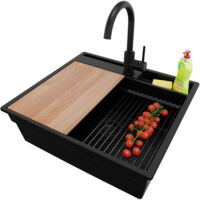 PRIMAGRAN Evier Cuisine en Granit 58x53cm, Lavabo 1 bac + Kit de Vidage + Accessoire, Évier à Encastrer au meuble 60cm - Oslo Pocket, Tout Noir