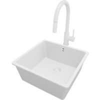 PRIMAGRAN Evier Cuisine en Granit 46x44cm, Lavabo 1 bac + Robinet 40x20cm + Kit de Vidage, Évier à Encastrer au meuble 50cm - Venise Slim Easy, Tout Blanc