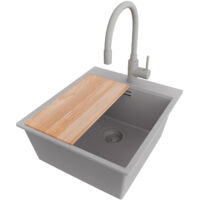 PRIMAGRAN Evier Cuisine en Granit 43x50cm,Lavabo 1 bac + Robinet 38x14cm + Kit de Vidage + Planche à Découper, Évier à Encastrer au meuble 45cm - Oslo, Gris