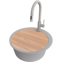 PRIMAGRAN Evier cuisine Granit Rond 53x53cm,Evier 1 bac + Robinet 40x20cm + Kit de Vidage + Planche à Découper, Lavabo Cuisine au meuble 50cm - Pise Max, Gris