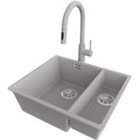 PRIMAGRAN Evier Cuisine en Granit 56x47cm,Lavabo 1,5 bacs + Robinet 40x20cm + Kit de Vidage, Évier à Encastrer au meuble 60cm - London Slim Duo, Gris