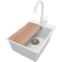 PRIMAGRAN Evier Cuisine en Granit 38x50cm,Lavabo 1 bac + Robinet 32x20cm + Kit de Vidage + Planche à Découper, Évier à Encastrer au meuble 40cm - Oslo, Blanc