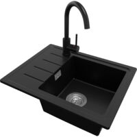 PRIMAGRAN Evier Cuisine en Granit 55x44cm, Lavabo 1 bac + Robinet 32x20cm + Kit de Vidage, Évier à Encastrer au meuble 45cm - Copenhague Easy, Noir
