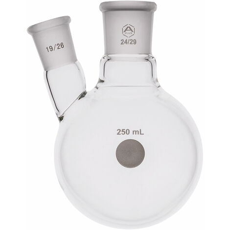 A PLUS Round Bottom Flask Two Neck 250ml Centre Joint 24/29 Angled Joint 19/26