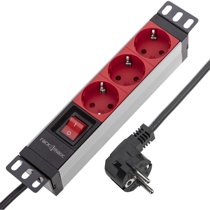 RackMatic - PVC-Steckdosenleiste für 10-1HE-Rackschrank mit 3 roten Schuko- Steckdosen und Schalter
