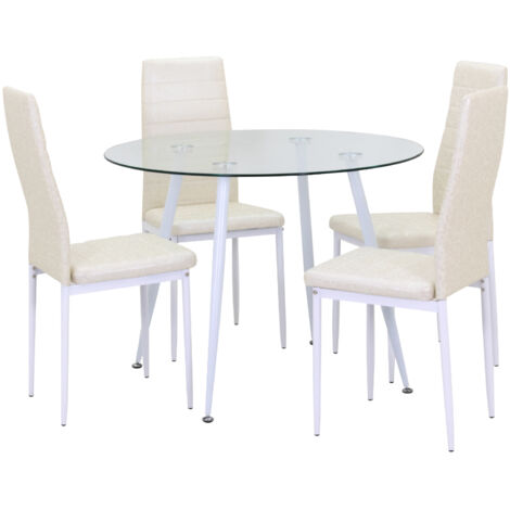 Conjunto de Mesa Corin con 4 Sillas Romantic Ø80x75 cm, Estructura Metálica Blanca y Tapa de Vidrio Templado  MOG Casa