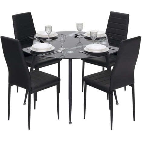 Conjunto de Mesa Corin con 4 Sillas Shirley Ø120x75 cm, Estructura Metálica Negra y Tapa de Vidrio con Efecto Mármol Negro MOG Casa