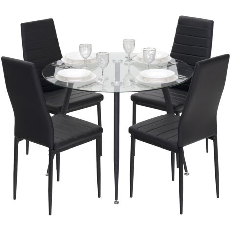 Conjunto de Mesa Corin con 4 Sillas Shirley Ø100x75 cm, Estructura Metálica Negra y Tapa de Vidrio Templado MOG Casa