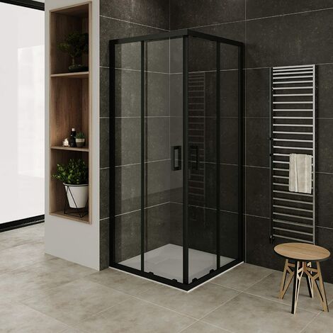 Cabina de ducha, puerta abatible, perfiles negros mate, vidrio de