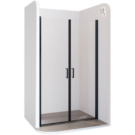 Moments of Glass Puerta de ducha STELLA abatible, rango de ajuste 88-91 cm, altura: 190 cm, vidrio templado ESG 6 mm transparente con nano, perfiles de aluminio negro